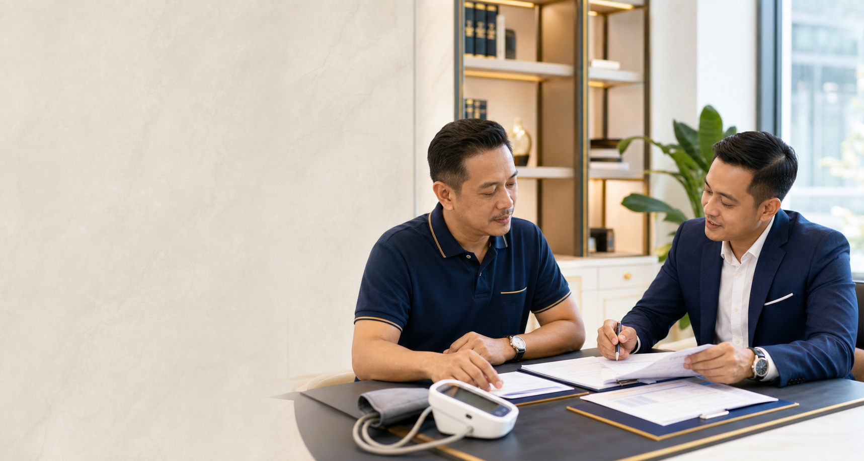Malaysian applicant reviewing blood pressure and laboratory records with an insurance adviser