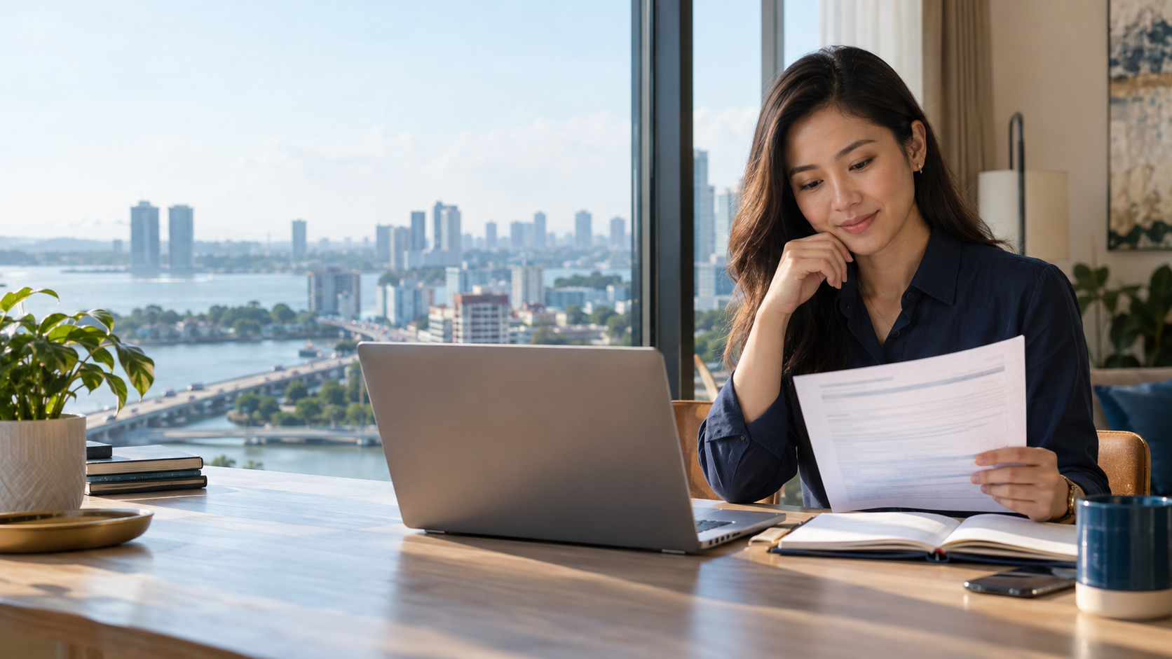 Malaysian professional reviewing medical insurance coverage while working across the Singapore border