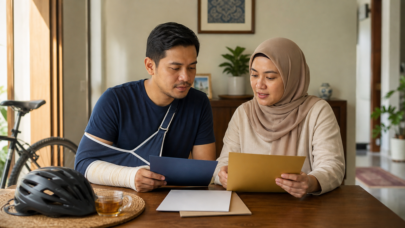 Malaysian couple reviewing insurance after a cycling injury