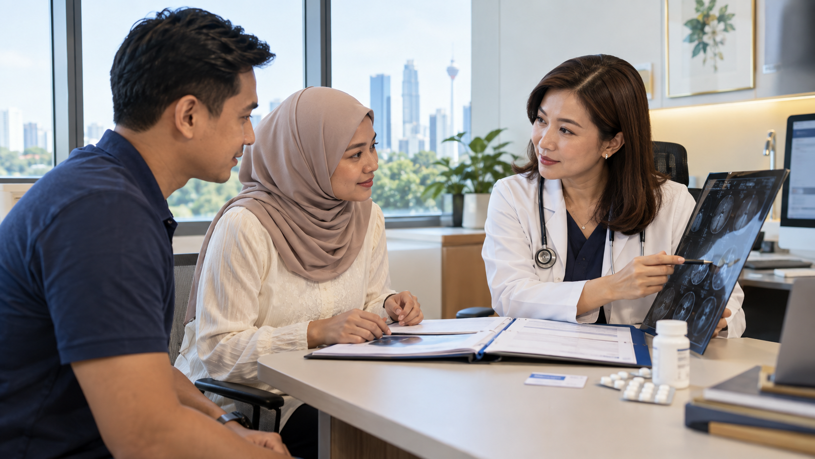 Malaysian patient and family member reviewing follow-up care with a specialist after hospital discharge