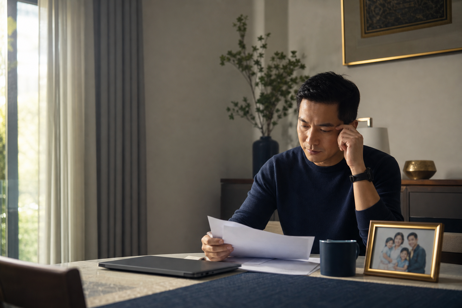Malaysian parent considering the household financial impact of a serious illness